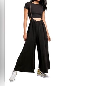 Free People Brookside Rib Cropped Shirt & Overalls, Black